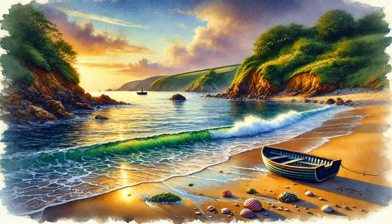 A boat lies on the beach against an abstracted Loughshinny, Co Dublin.